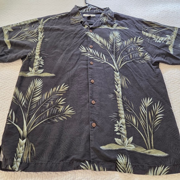 Tommy Bahama Other - Tommy Bahama Mens Large Silk Palm Tree Camp Shirt Black Tropical Short Sleeve